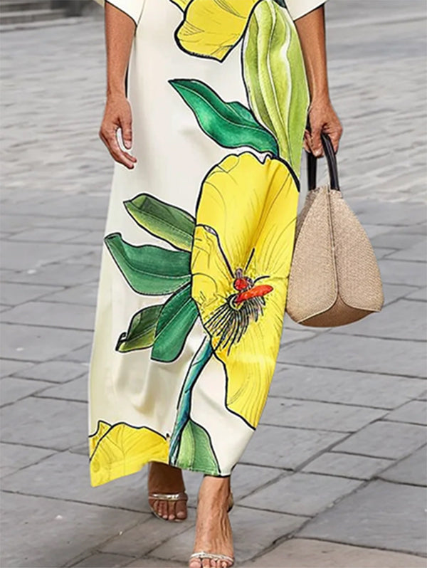 Robe longue ample à manches chauve-souris, à imprimé floral, à empiècements, à col en V
