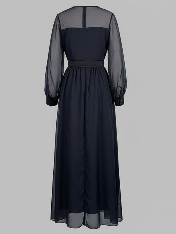 Robe longue ample plissée transparente effet deux pièces, en gaze, à col rond