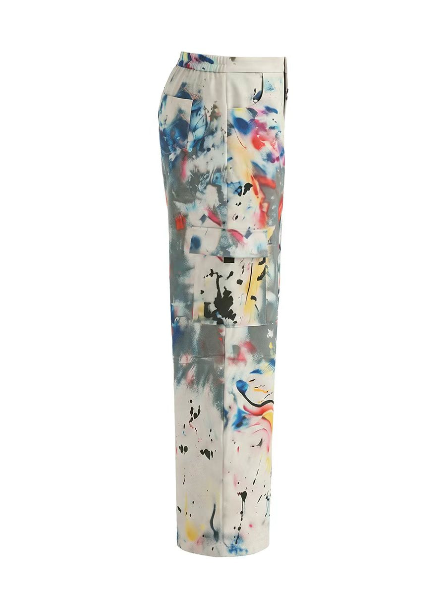 Bas de pantalon en Jean taille haute, jambe large, boutonné, couleur contrastée, poches imprimées graffitis