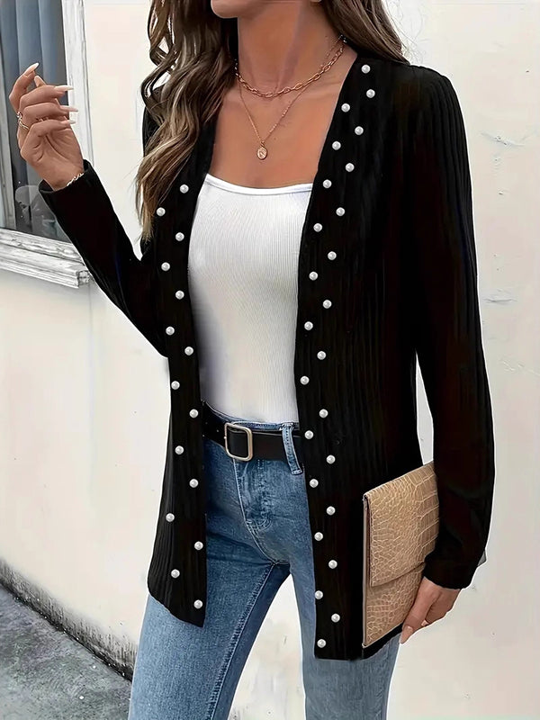 Cardigan ample perlé à manches longues, sans col, couleur unie