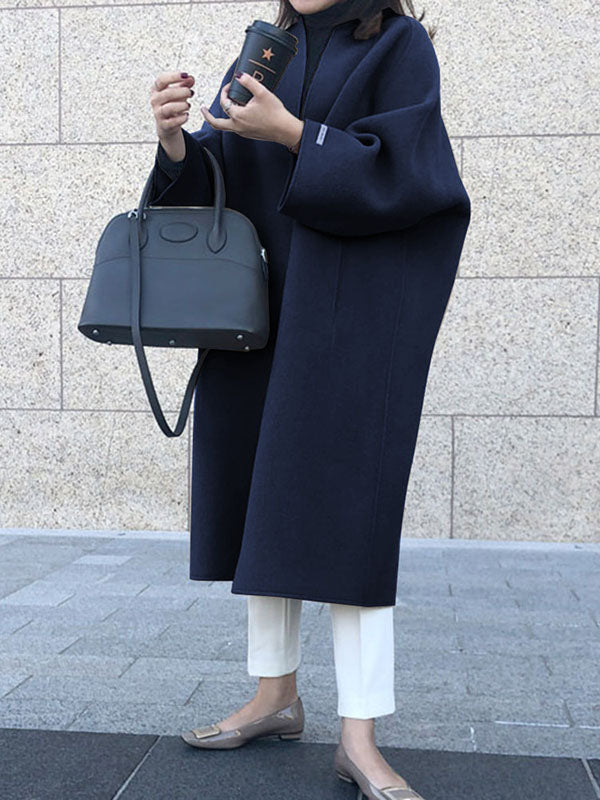 Manteau en laine ample à manches longues, sans col, couleur unie