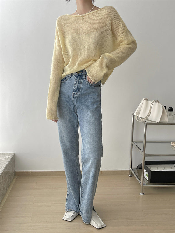 Pull fin tricoté en Mohair doux, manches longues, couleur unie, hauts fins