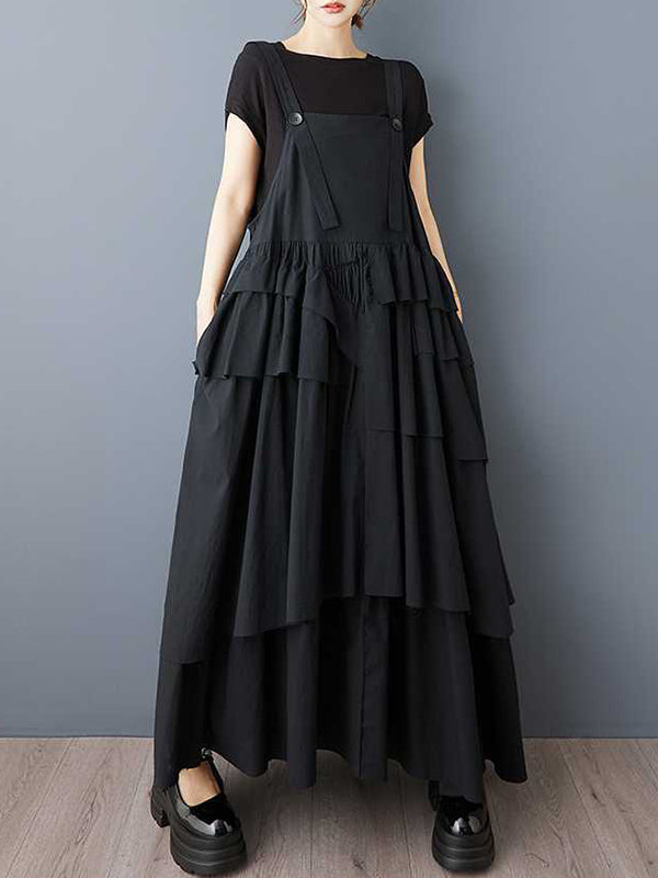 Robe trapèze ample asymétrique boutonnée plissée à col Spaghetti, robe longue à bretelles