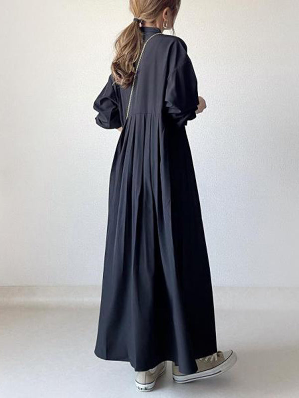Robe chemise ample plissée à manches longues, à empiècements, à col rond, couleur unie