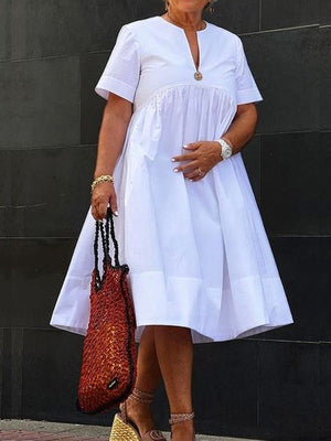 Robe chemise ample à manches courtes, à décolleté en V profond, couleur unie