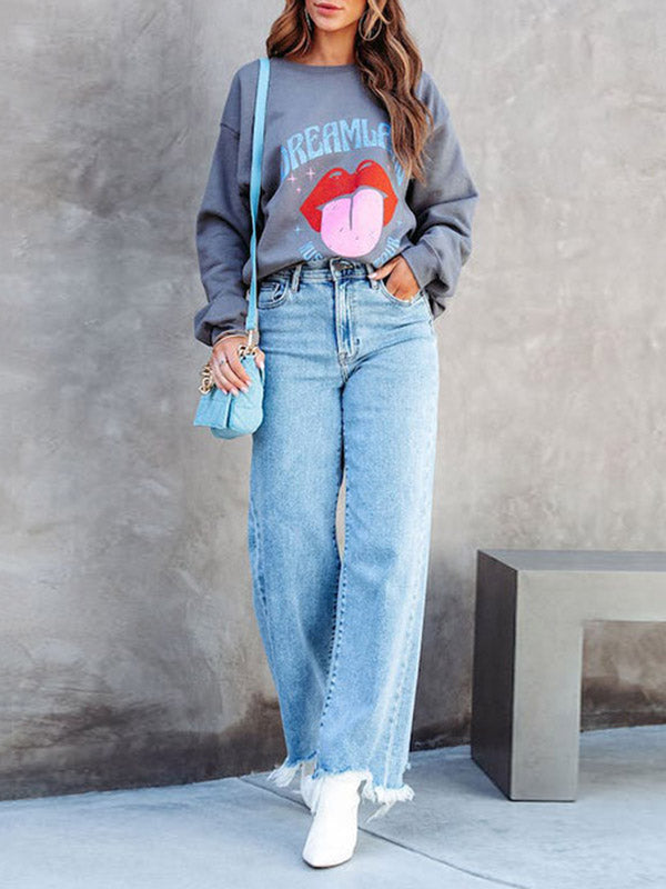 Jean taille haute, à jambes droites, à franges, à empiècements