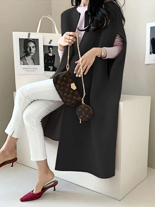 Veste simple sans manches, à col rond, style cape, couleur unie