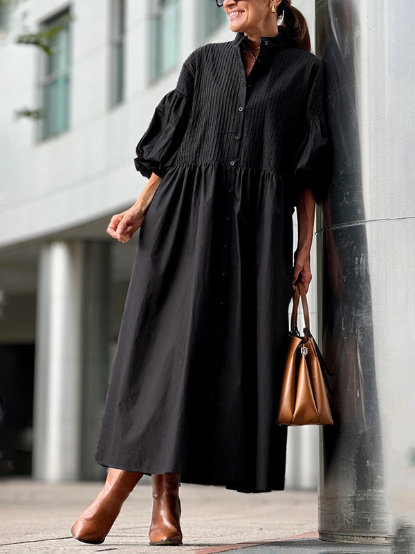 Robe longue boutonnée plissée ample à taille nouée, à manches mi-longues, à col montant, couleur unie