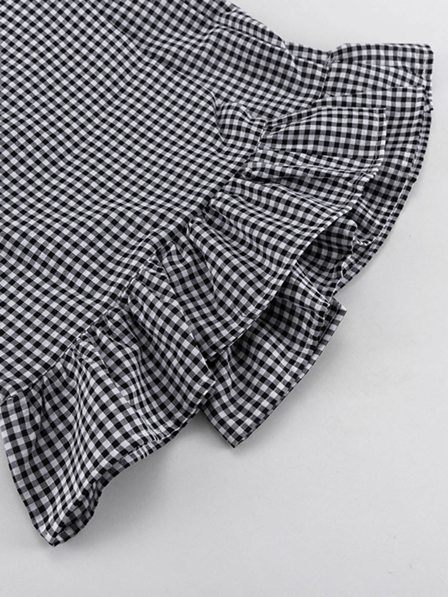 Ensemble deux pièces ample volanté boutonné à carreaux, à empiècements, à manches longues, à col revers, couleur contrastée – chemisier + pantalon