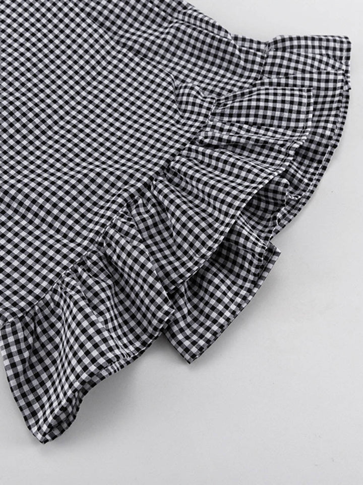 Ensemble deux pièces ample volanté boutonné à carreaux, à empiècements, à manches longues, à col revers, couleur contrastée – chemisier + pantalon