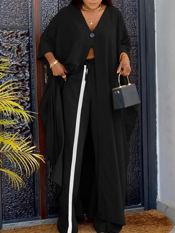 Ensemble deux pièces fendu devant à manches chauve-souris, à col en V, taille haute, à taille élastique – kimono + pantalon