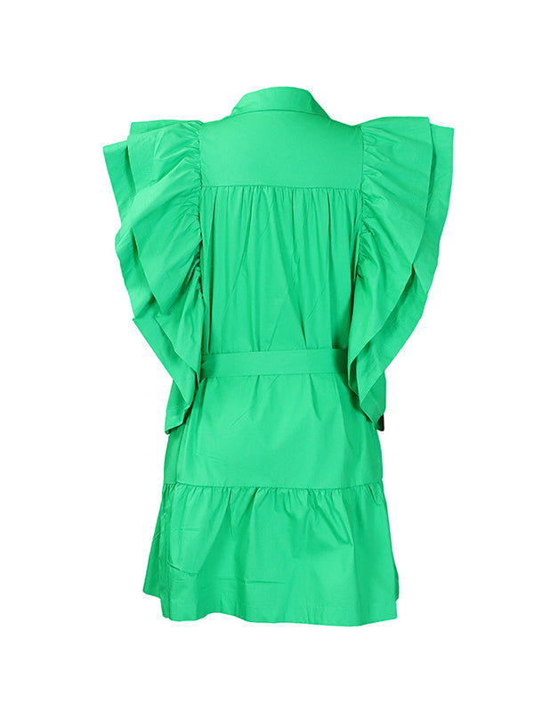 Robe courte boutonnée plissée volantée coupe trapèze, taille haute, à taille nouée, à col revers, couleur unie