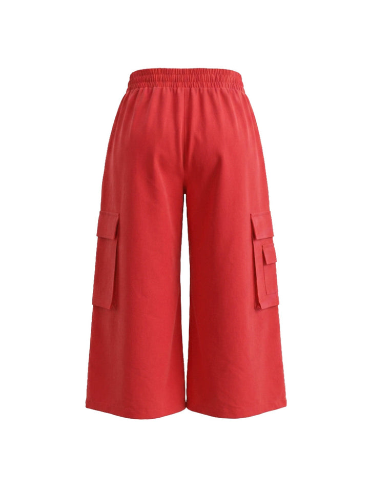 Pantalon ample taille haute, à taille élastique, à poches, couleur unie