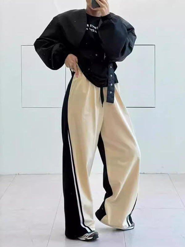 Pantalon ample taille haute, à cordon de serrage, à taille élastique, à empiècements