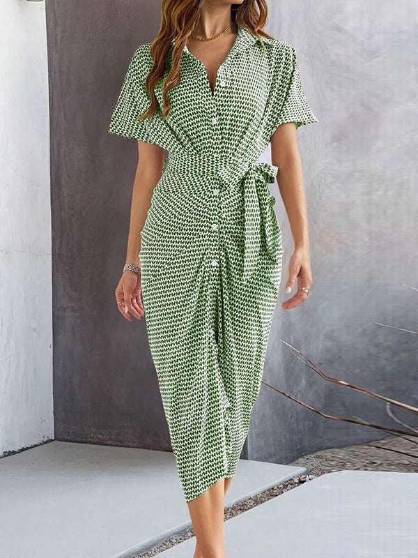 Robe mi-longue moulante boutonnée à manches mi-longues, à taille nouée, à col revers, couleur contrastée