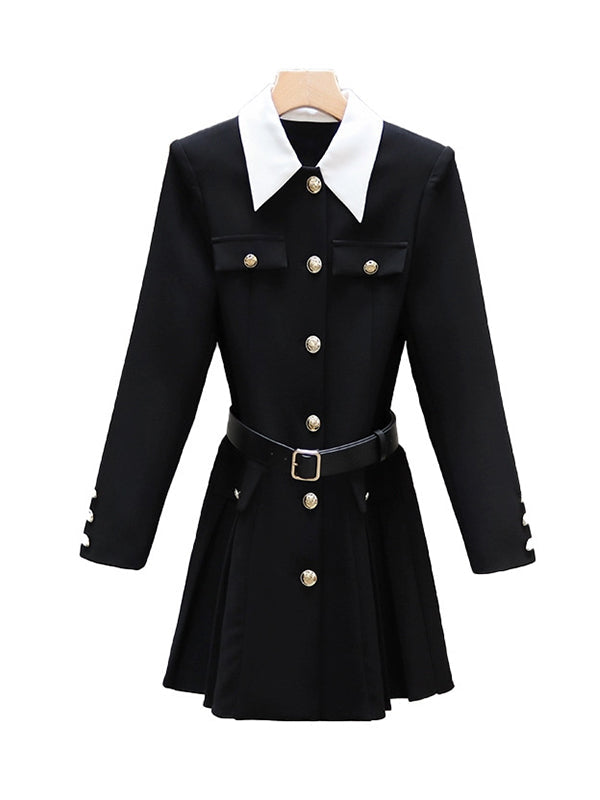 Robe chemise boutonnée plissée à taille élastique, à manches longues, avec ceinture, à boutonnage simple, à col revers, couleur contrastée