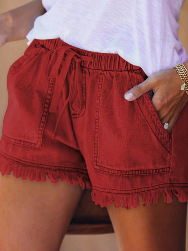Short décontracté à cordon de serrage, taille haute, en jean, à franges