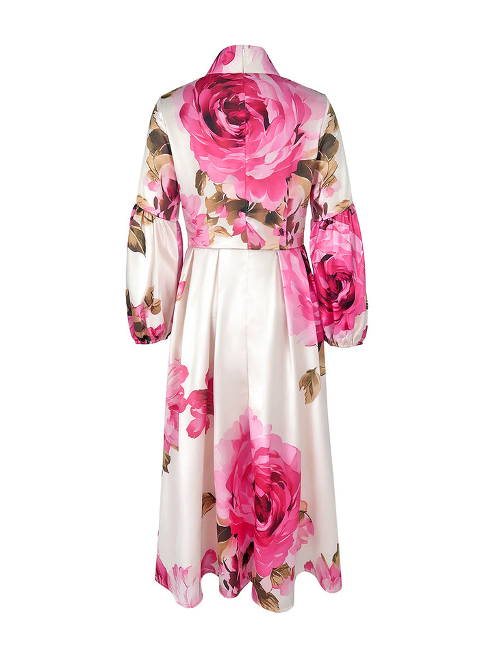 Robe longue plissée coupe trapèze, à manches longues, à taille élastique, à imprimé floral, à col cheminée