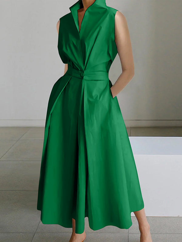 Robe mi-longue sans manches, à col revers, couleur unie