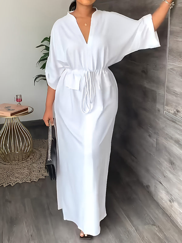 Robe longue ample fendue sur le côté à cordon de serrage, à col en V, couleur unie