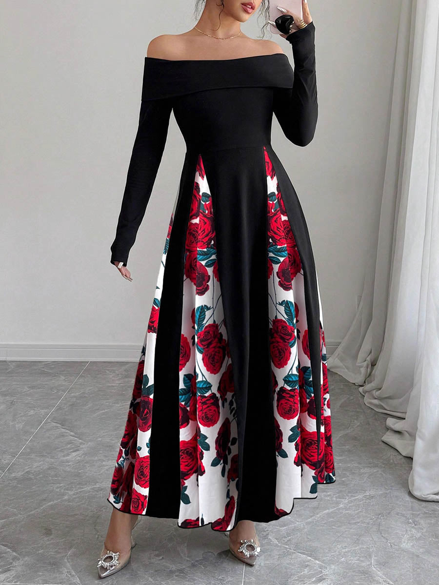 Robe longue taille haute, à manches longues, à imprimé floral, à empiècements, à épaules dénudées, couleur contrastée