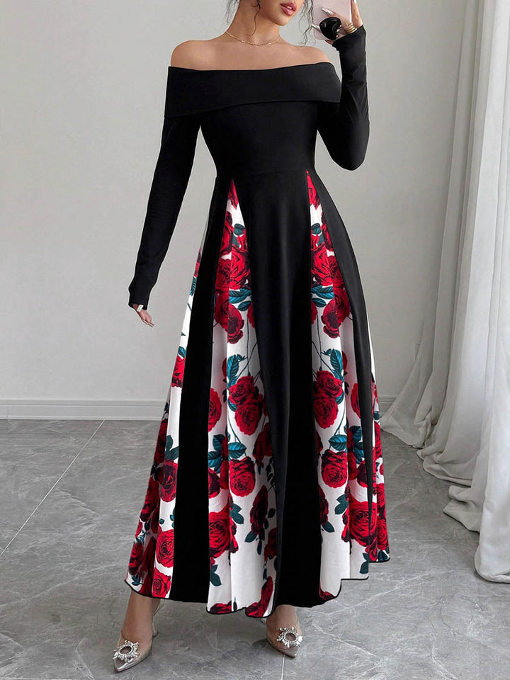 Robe longue taille haute, à manches longues, à imprimé floral, à empiècements, à épaules dénudées, couleur contrastée