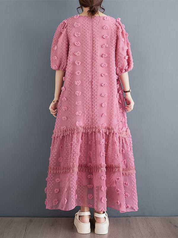 Robe mi-longue coupe trapèze, à manches mi-longues, à taille élastique, en jacquard, à empiècements, à col en V, couleur unie