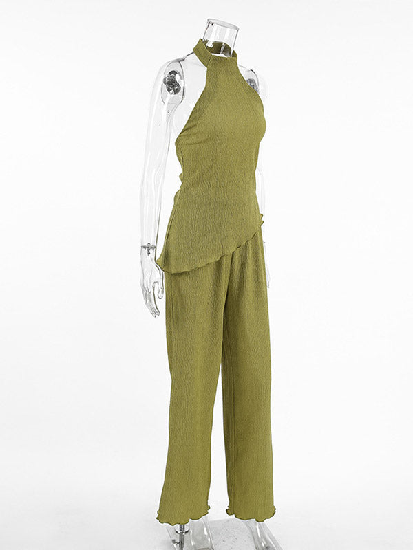 Ensemble deux pièces plissé sans manches, gilet asymétrique à col haut + pantalon à jambes larges, couleur unie