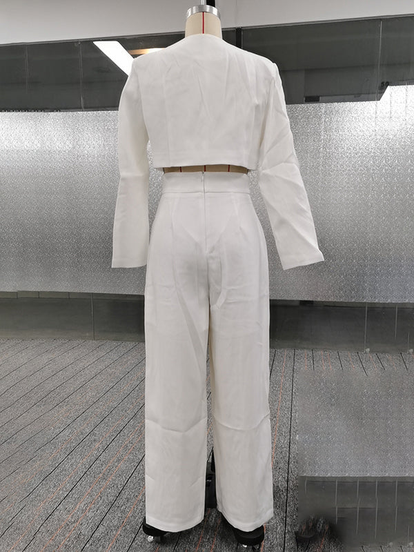 Blazer à manches longues boutonné, couleur unie, col rond, haut + fermeture éclair, jambe large, pantalon plissé en maille, bas, ensemble deux pièces
