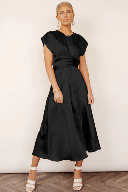 Robe Midi à Manches Courtes en Drapé pour Invitées de Mariage