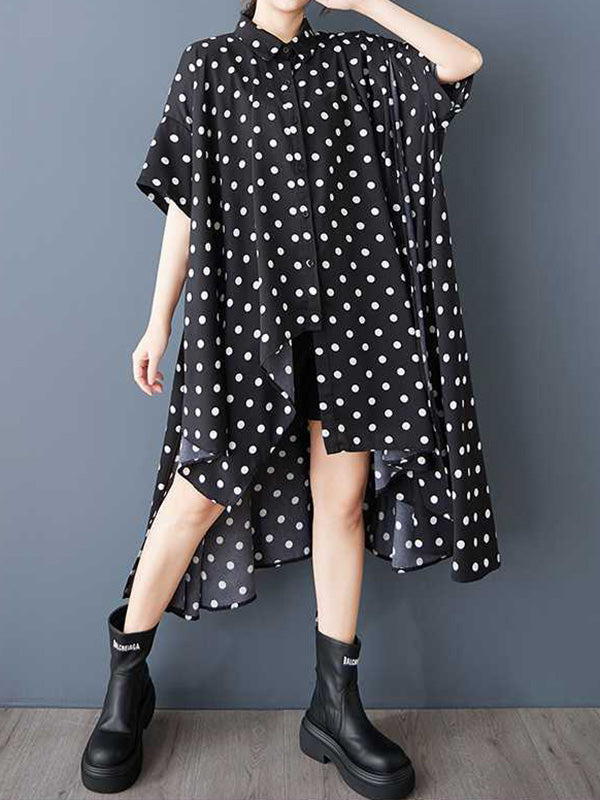Robe chemise asymétrique boutonnée coupe trapèze, à ourlet plongeant, à pois, à col revers