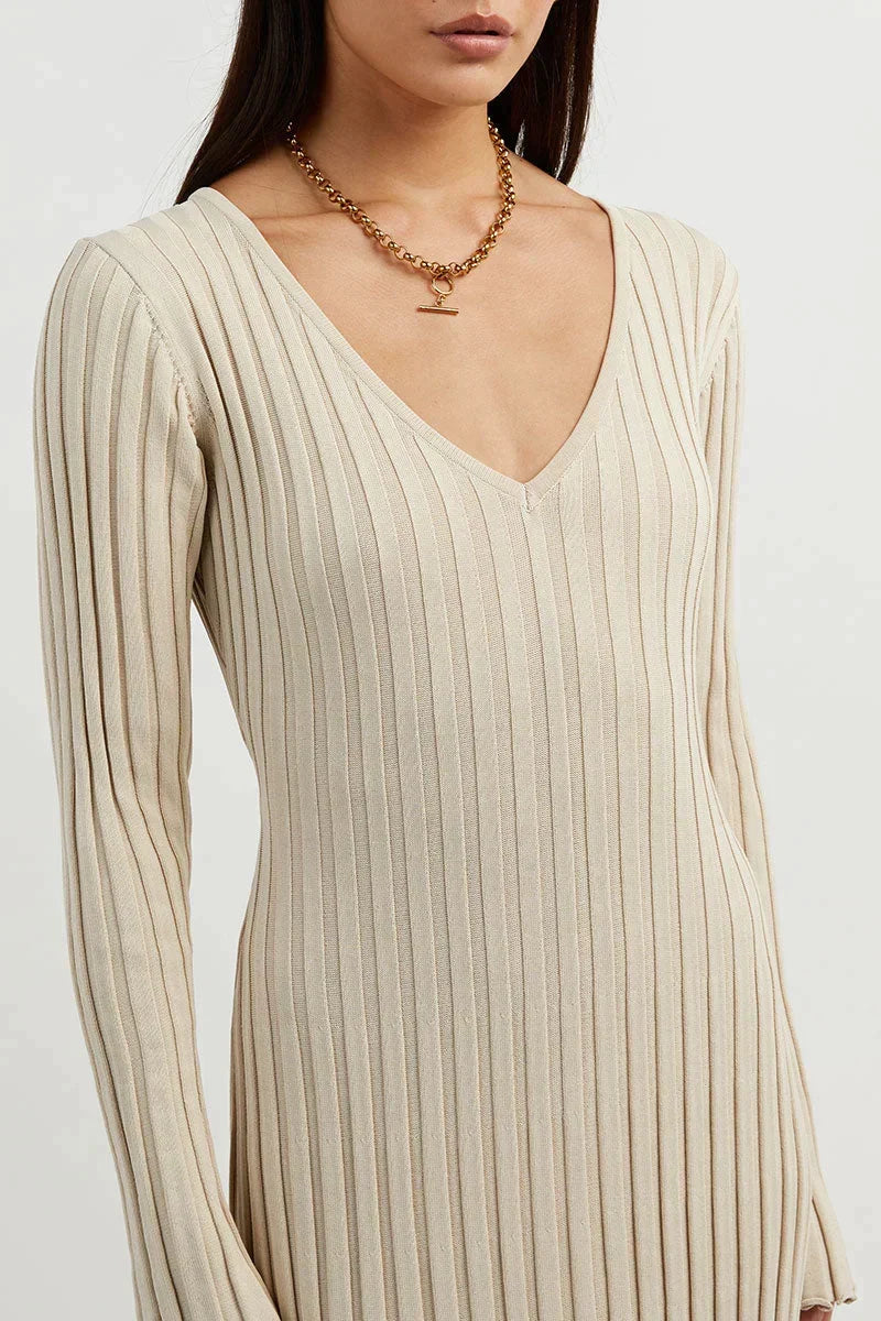 Lavinia - Robe midi en tricot à manches longues avec décolleté en V
