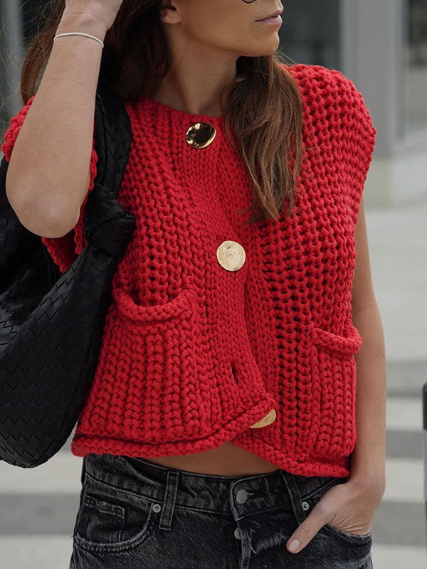 Gilet sans manches ample boutonné à poches, à col en V