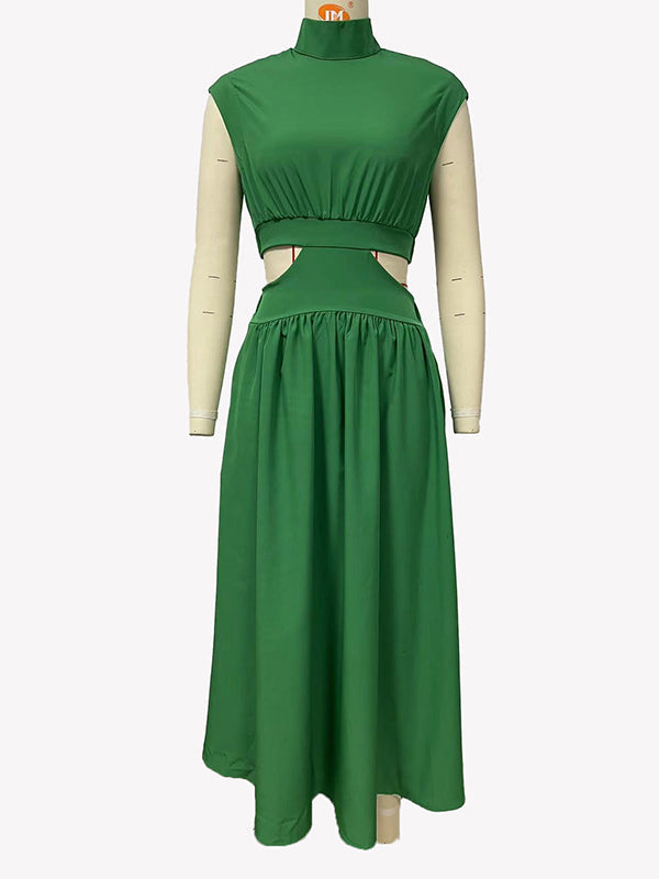 Robes longues plissées à manches courtes et ventre creux, couleur unie, col montant