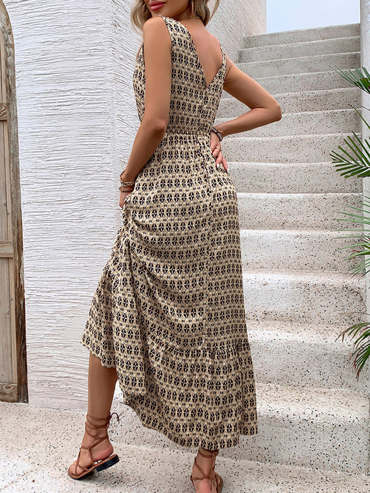 Robe longue imprimée taille haute, sans manches, à taille nouée, à col en V, couleur contrastée