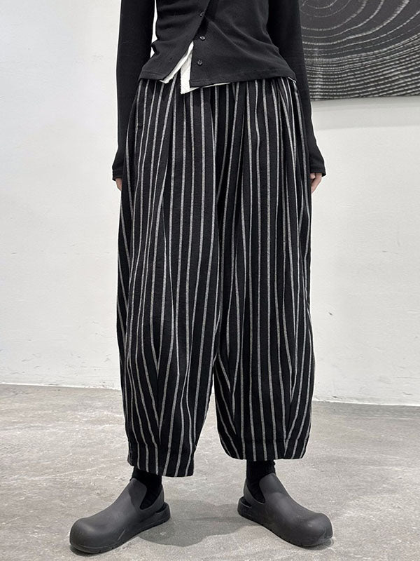 Sarouel ample taille haute fendu-joint motifs rayés pantalon pantalon