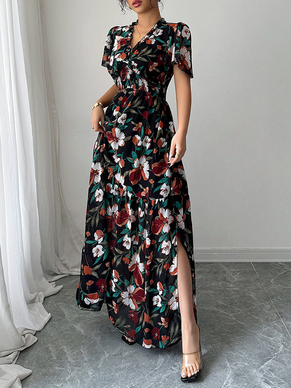 Robe longue ample plissée coupe trapèze, à taille élastique, à imprimé floral, à col en V, couleur contrastée