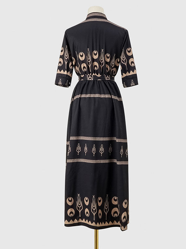 Robe mi-longue boutonnée coupe trapèze, à manches mi-longues, à taille nouée, à col revers