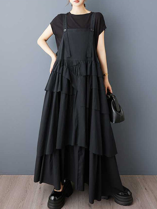Robe trapèze ample asymétrique boutonnée plissée à col Spaghetti, robe longue à bretelles