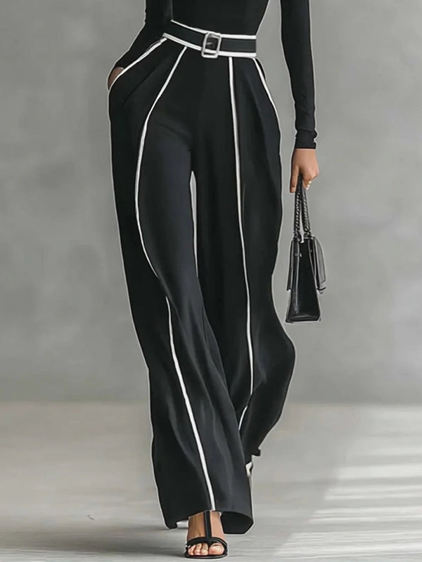 Pantalon ample taille haute, avec ceinture, couleur contrastée