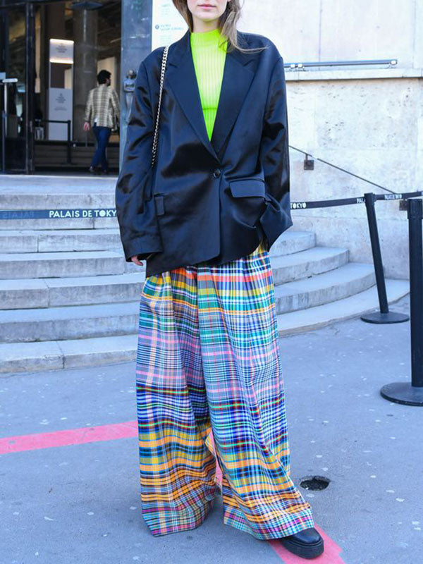 Pantalon élégant ample imprimé décontracté à jambes larges, à damier