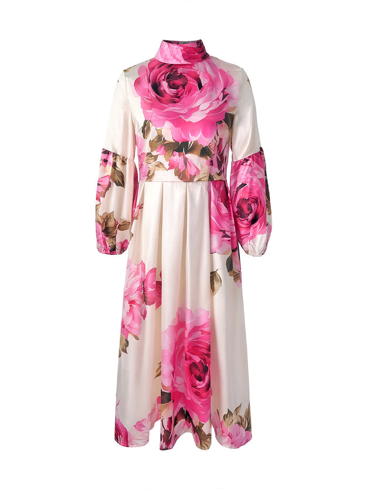 Robe longue plissée coupe trapèze, à manches longues, à taille élastique, à imprimé floral, à col cheminée