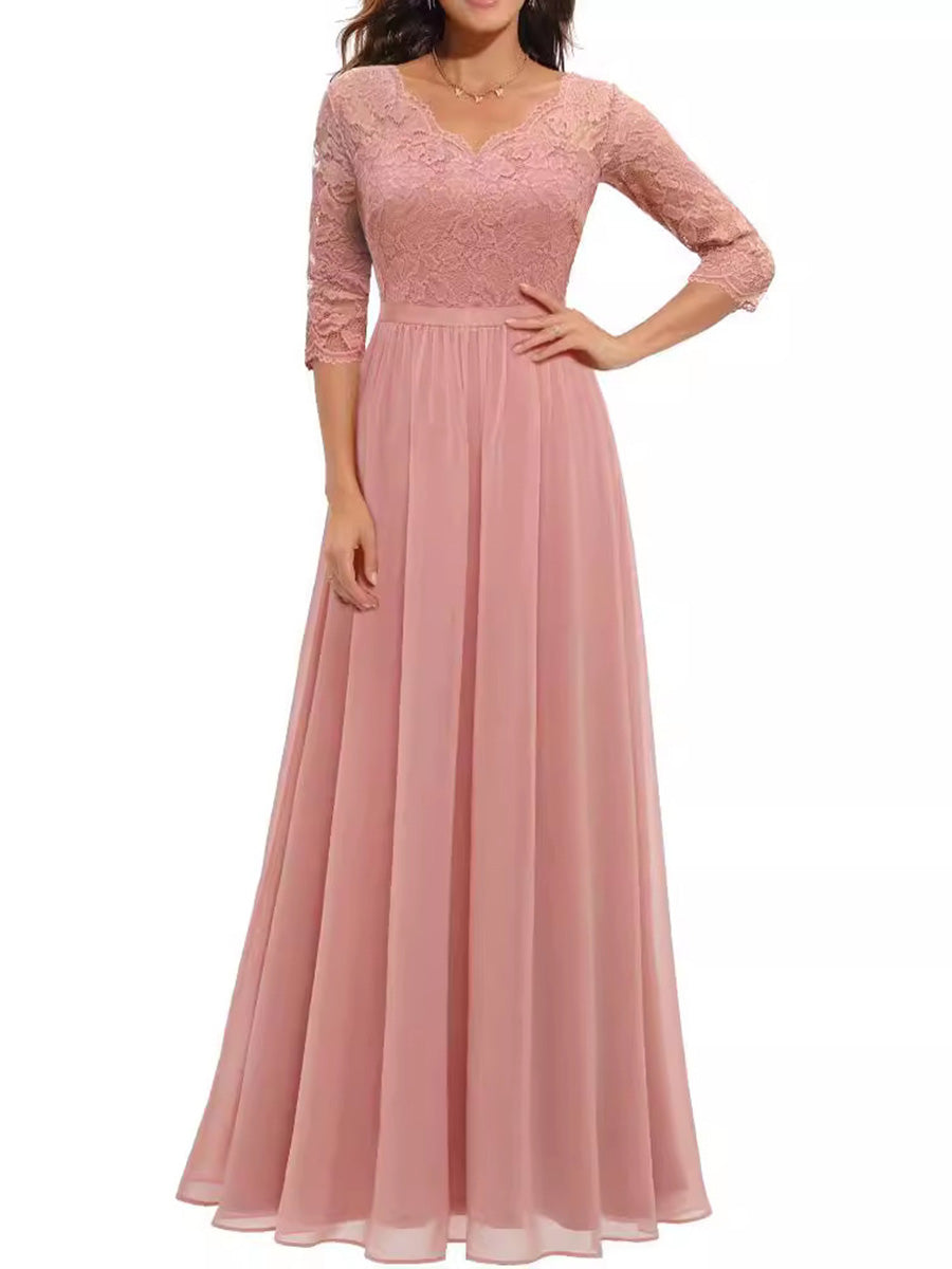 Robe longue plissée transparente coupe trapèze, taille haute, à empiècements, à col en V, couleur unie
