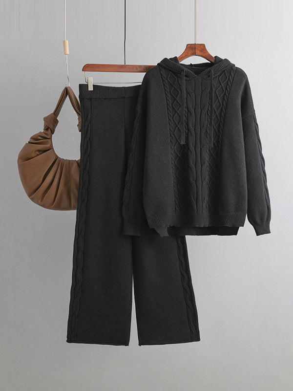 Ensemble deux pièces urbain ample à capuche, à ourlet plongeant, à jambes larges, couleur unie – pull + pantalon