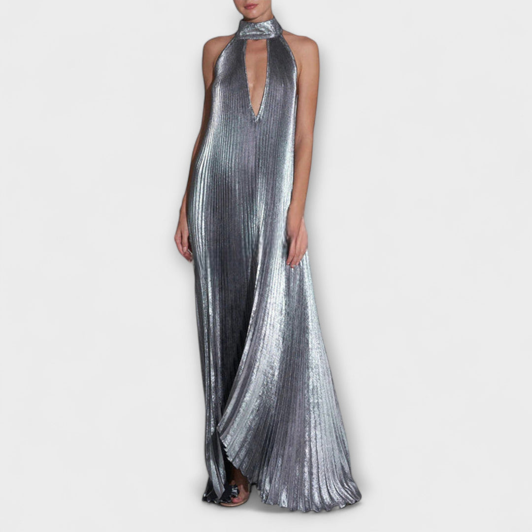 Calliope - Robe Maxi A-Ligne en Plissé Métallique