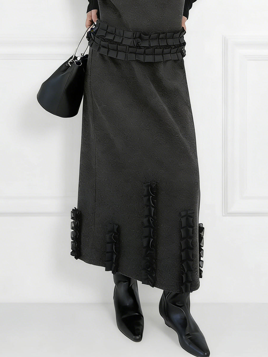 Ensemble deux pièces volanté plissé à empiècements, à col en V, à taille élastique, taille haute, couleur contrastée – débardeur + jupe