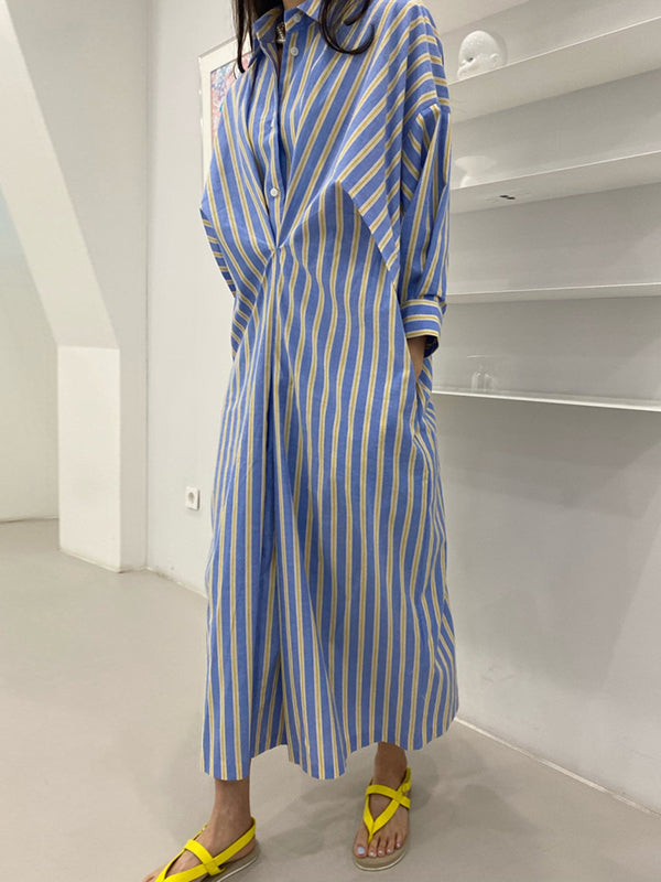 Robe chemise ample boutonnée rayée à manches longues, à poches, à col revers, couleur contrastée
