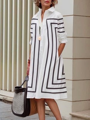 Robe chemise ample boutonnée rayée à manches mi-longues, à col revers