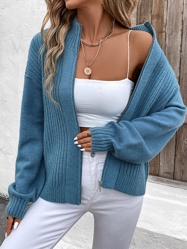 Cardigan ample à manches longues, à empiècements, à fermeture éclair, à col montant, couleur unie
