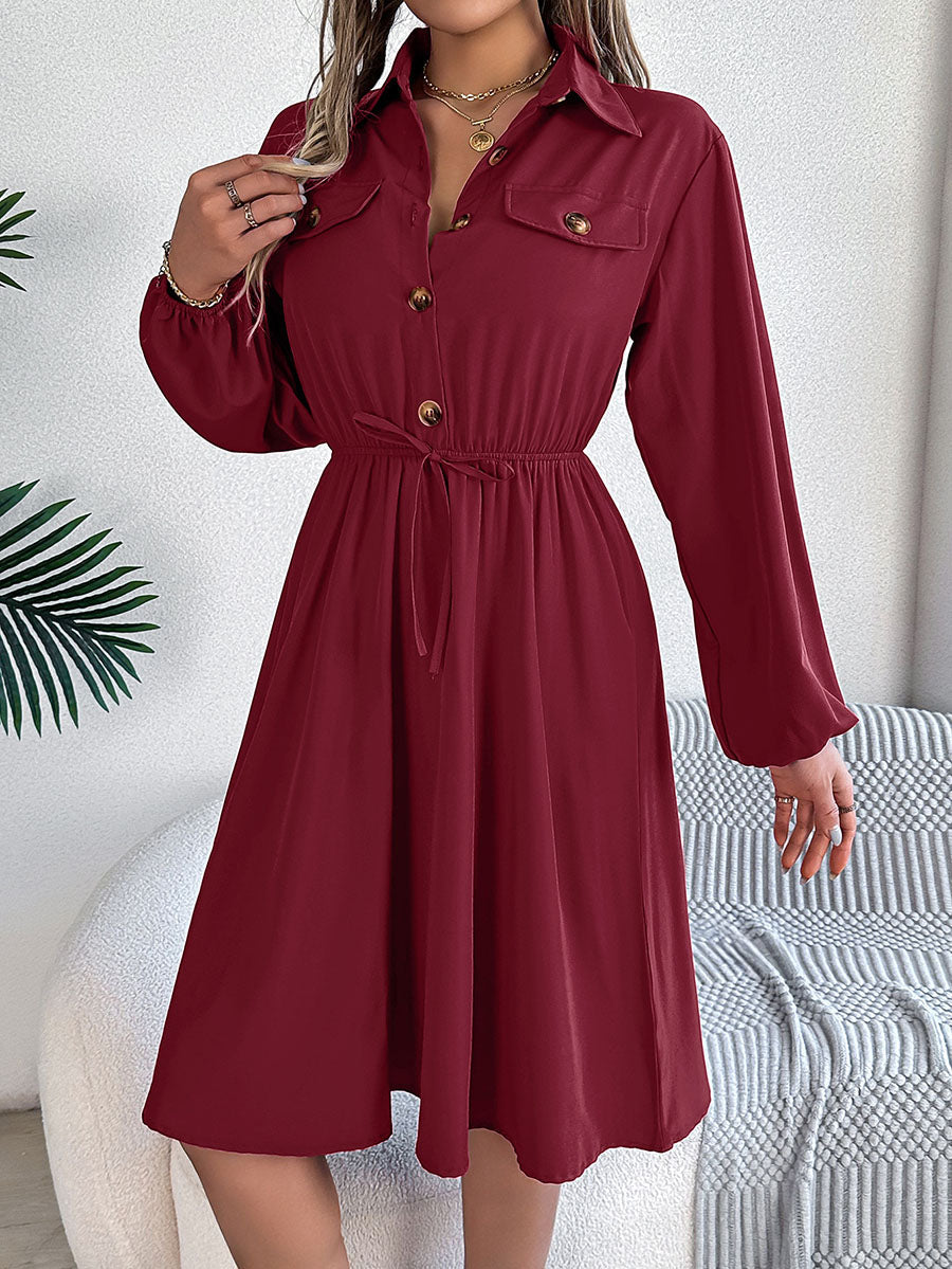 Robe chemise boutonnée plissée nouée coupe trapèze, à manches longues, à col revers, couleur unie